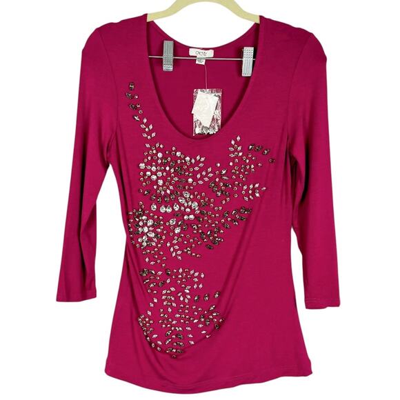 NWT Cach’e Magenta Gem Embroidered 3/4 Sleeve Stretch Top sz Small Glam - Picture 1 of 11